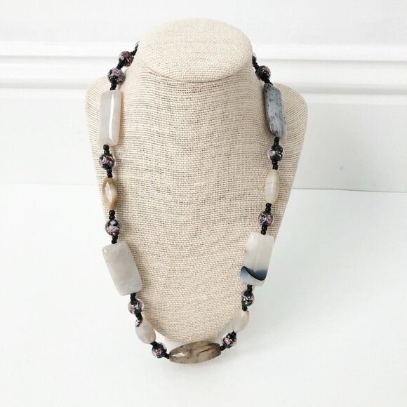 Artisan Jewelry - NWT Genuine Agate & Glass Beads Necklace Beaded Black Gray Pink